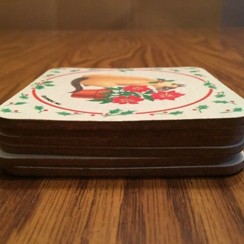 Vintage Christmas Coasters Siamese Cat Poinsettia Holly 6pc‎ Cork Back Y2K Retro